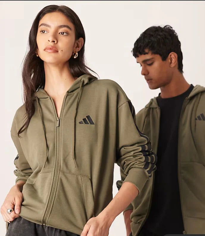 Adidas - Sportswear Three Stripe-Felpa con cappuccio kaki in spugna con 3 strisce