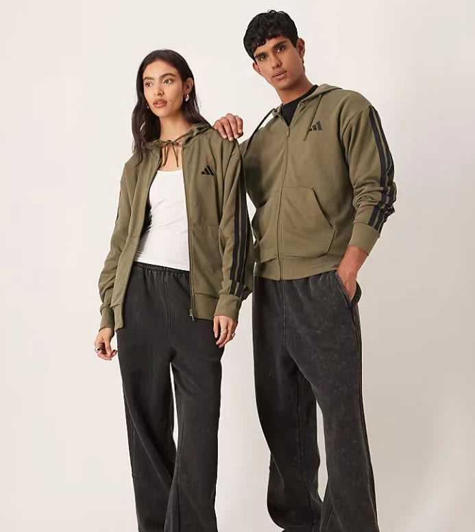 Adidas - Sportswear Three Stripe-Felpa con cappuccio kaki in spugna con 3 strisce