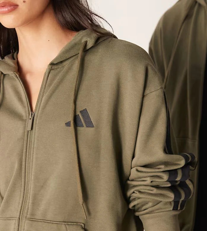 Adidas - Sportswear Three Stripe-Felpa con cappuccio kaki in spugna con 3 strisce