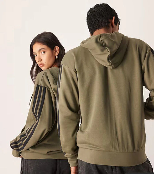 Adidas - Sportswear Three Stripe-Felpa con cappuccio kaki in spugna con 3 strisce